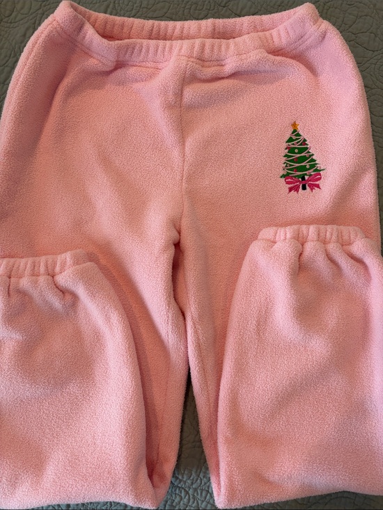 Pants - Pink Fleece Bottoms with Christmas Tree Embroidery